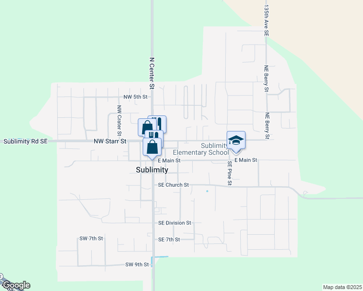 map of restaurants, bars, coffee shops, grocery stores, and more near 345 East Main Street in Sublimity