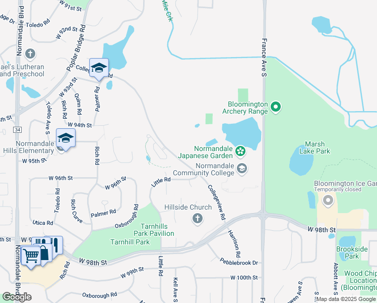 map of restaurants, bars, coffee shops, grocery stores, and more near 9501 Collegeview Road in Bloomington