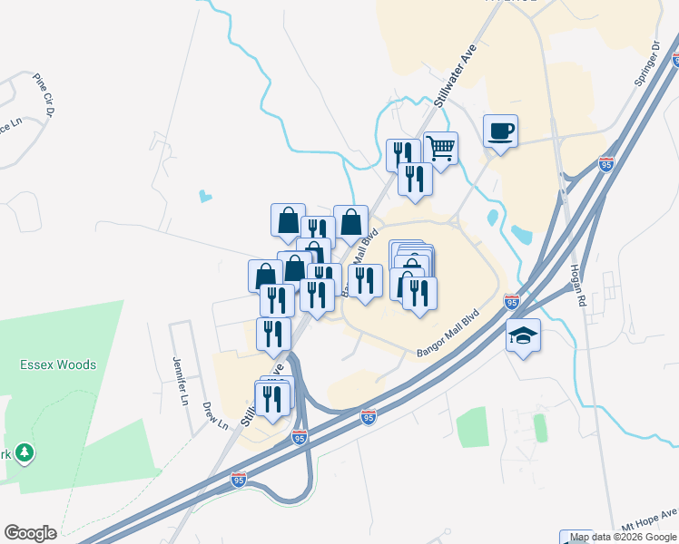 map of restaurants, bars, coffee shops, grocery stores, and more near 639 Stillwater Avenue in Bangor