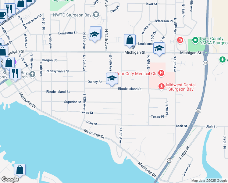 map of restaurants, bars, coffee shops, grocery stores, and more near 1418 Superior Street in Sturgeon Bay