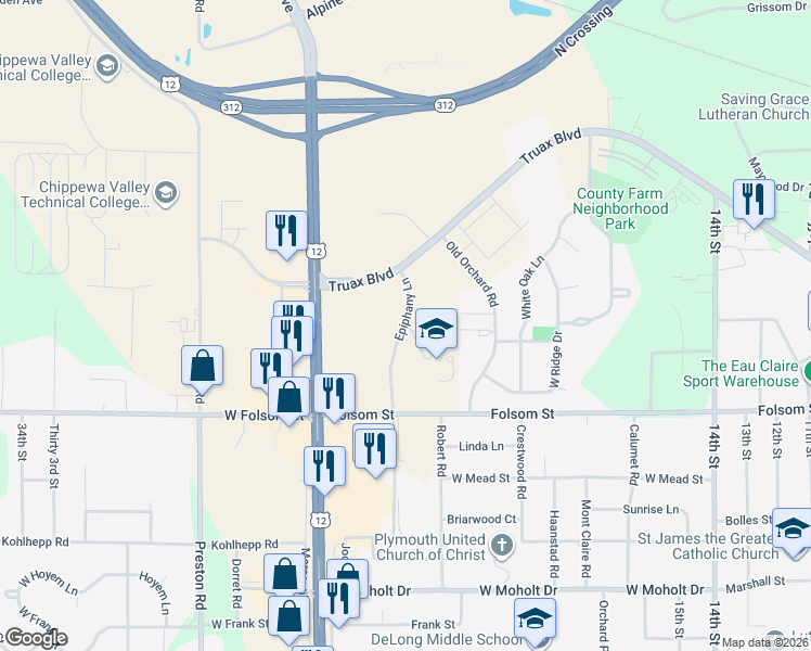 map of restaurants, bars, coffee shops, grocery stores, and more near 3031 Epiphany Lane in Eau Claire
