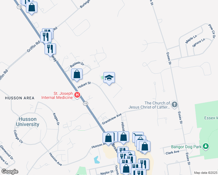 map of restaurants, bars, coffee shops, grocery stores, and more near 885 Broadway in Bangor