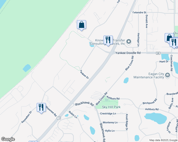 map of restaurants, bars, coffee shops, grocery stores, and more near 1750 Yankee Doodle Road in Eagan