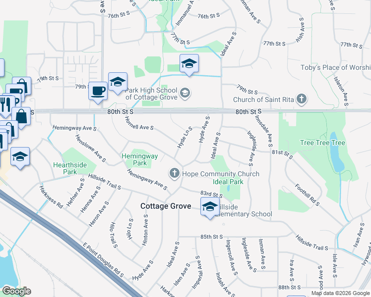 map of restaurants, bars, coffee shops, grocery stores, and more near 8107 Hyde Lane South in Cottage Grove