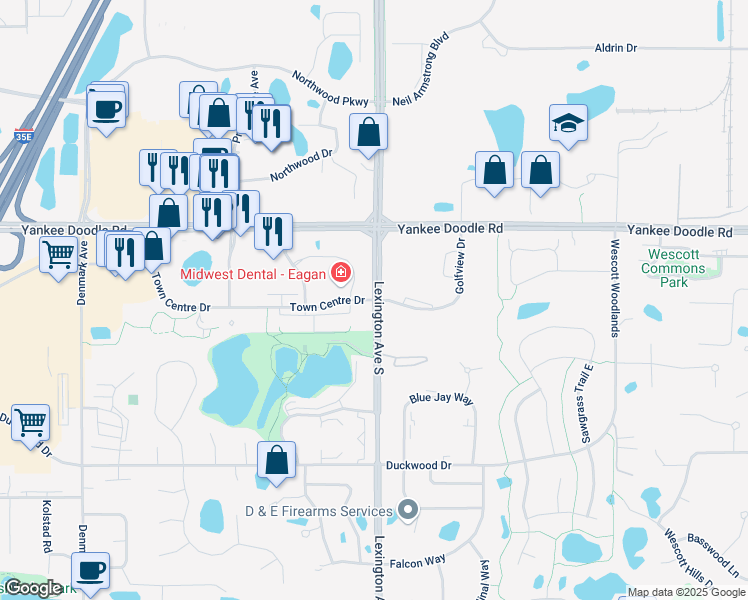 map of restaurants, bars, coffee shops, grocery stores, and more near 3480 Golfview Dr in Eagan