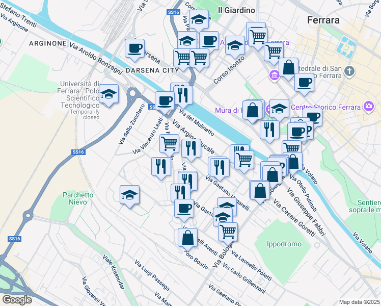 map of restaurants, bars, coffee shops, grocery stores, and more near 249-277 Via Argine Ducale in Ferrara