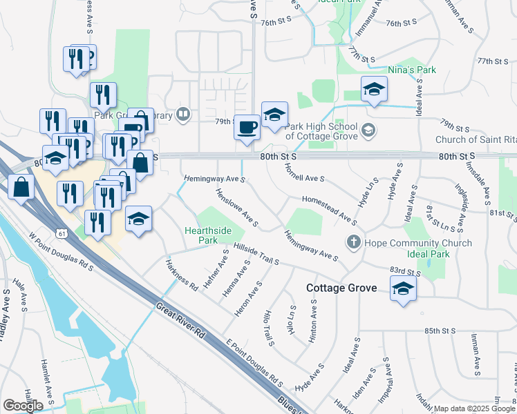map of restaurants, bars, coffee shops, grocery stores, and more near 8165 Hemingway Avenue South in Cottage Grove