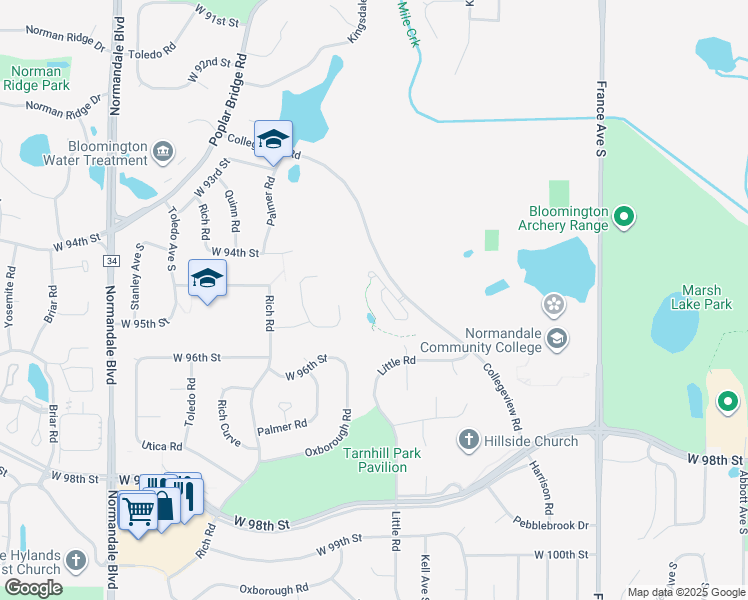 map of restaurants, bars, coffee shops, grocery stores, and more near 9500 Collegeview Road in Minneapolis