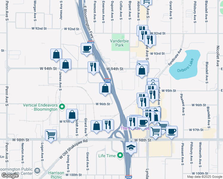 map of restaurants, bars, coffee shops, grocery stores, and more near Interstate 35W in Bloomington