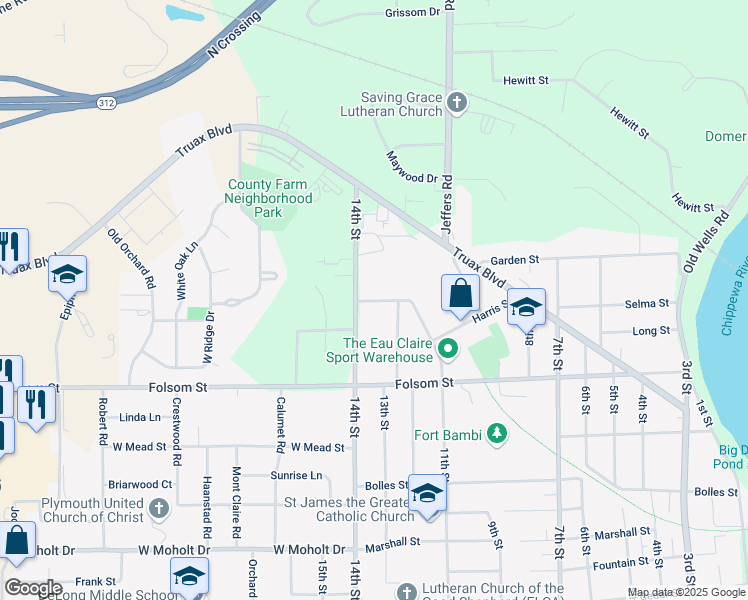 map of restaurants, bars, coffee shops, grocery stores, and more near 1200-1298 Nestle Avenue in Eau Claire