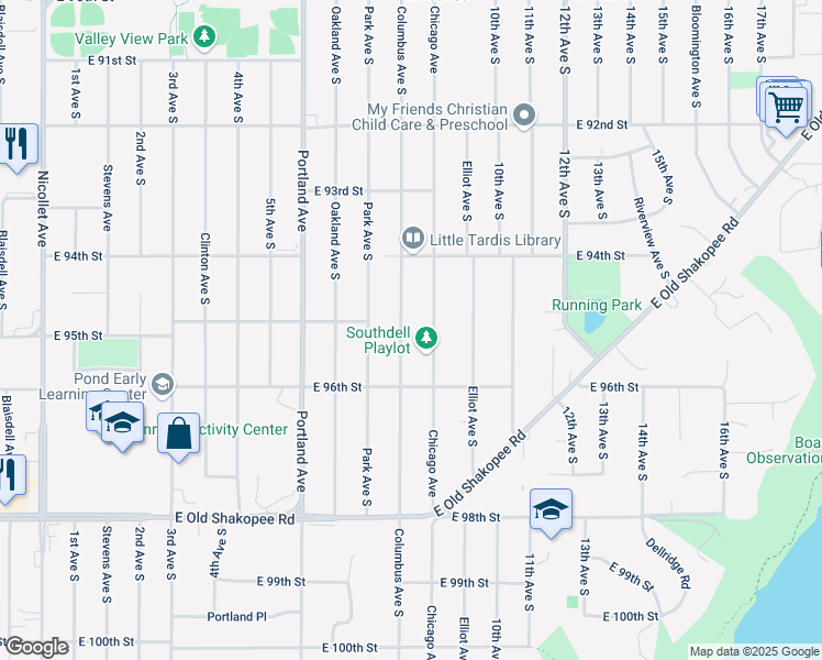 map of restaurants, bars, coffee shops, grocery stores, and more near 9441 Columbus Avenue South in Minneapolis