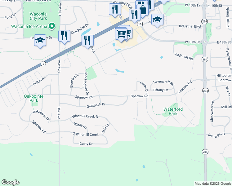 map of restaurants, bars, coffee shops, grocery stores, and more near 880 Sparrow Road in Waconia