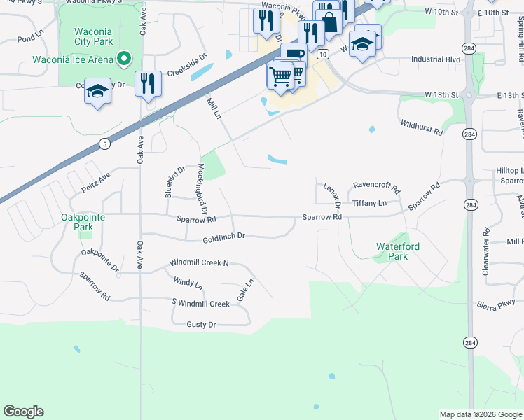map of restaurants, bars, coffee shops, grocery stores, and more near 880 Sparrow Road in Waconia
