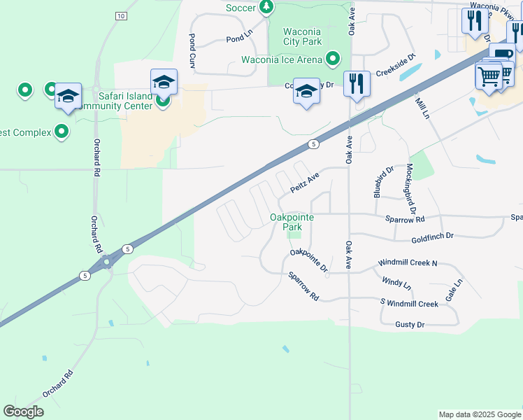 map of restaurants, bars, coffee shops, grocery stores, and more near 1563 Prosperity Lane in Waconia