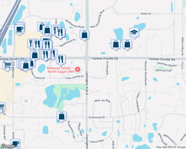 map of restaurants, bars, coffee shops, grocery stores, and more near 3475 Golfview Drive in Eagan