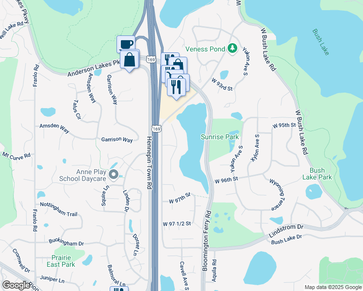 map of restaurants, bars, coffee shops, grocery stores, and more near 9423 Woodbridge Road in Minneapolis