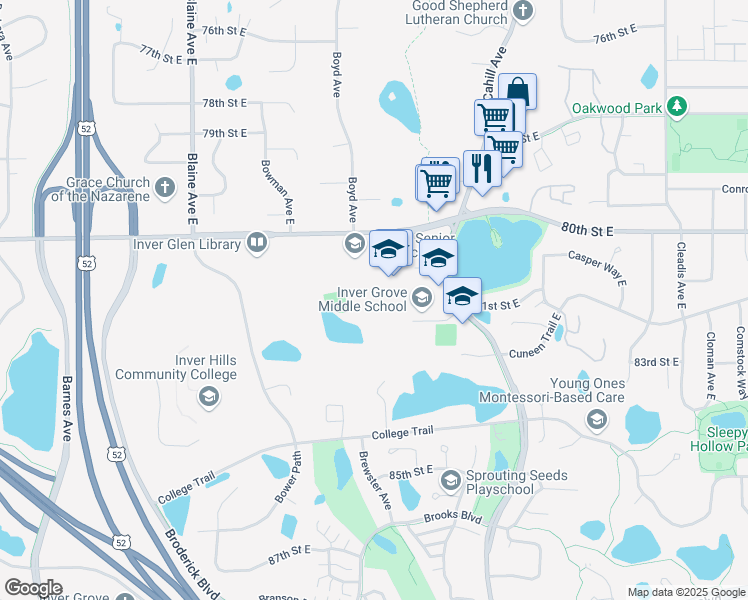 map of restaurants, bars, coffee shops, grocery stores, and more near 2920 80th Street East in Inver Grove Heights