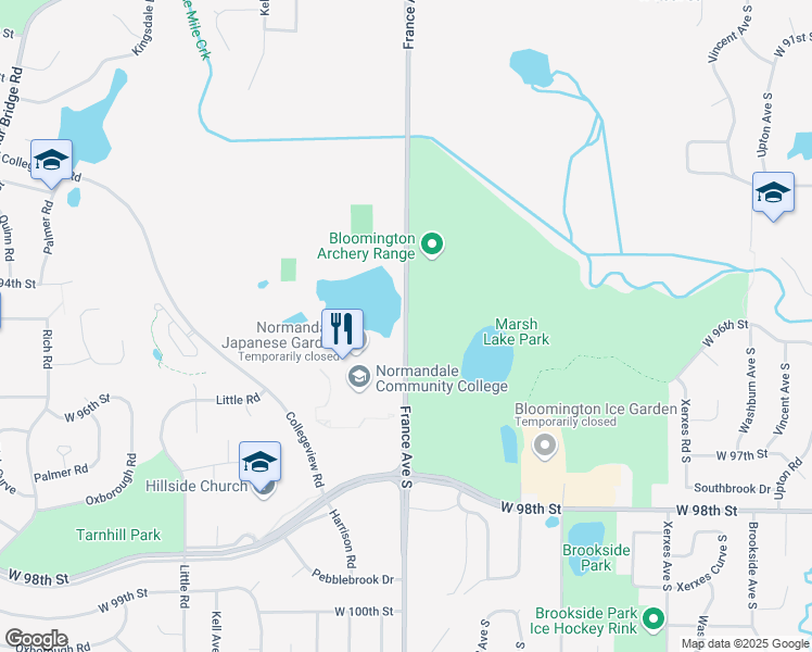 map of restaurants, bars, coffee shops, grocery stores, and more near County Road 17 in Bloomington