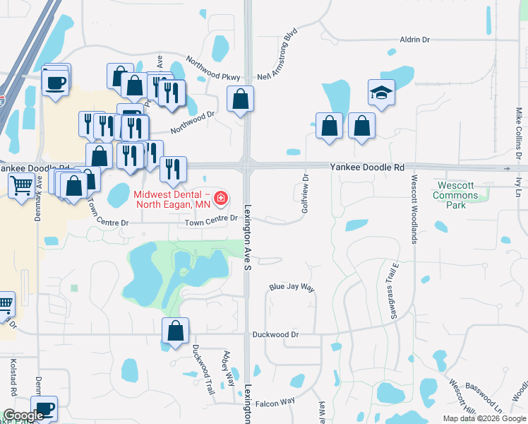 map of restaurants, bars, coffee shops, grocery stores, and more near 3475 Golfview Drive in Eagan