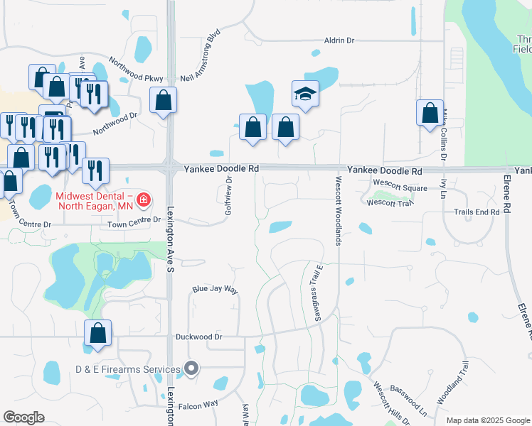 map of restaurants, bars, coffee shops, grocery stores, and more near 1121 Station Trail in Eagan