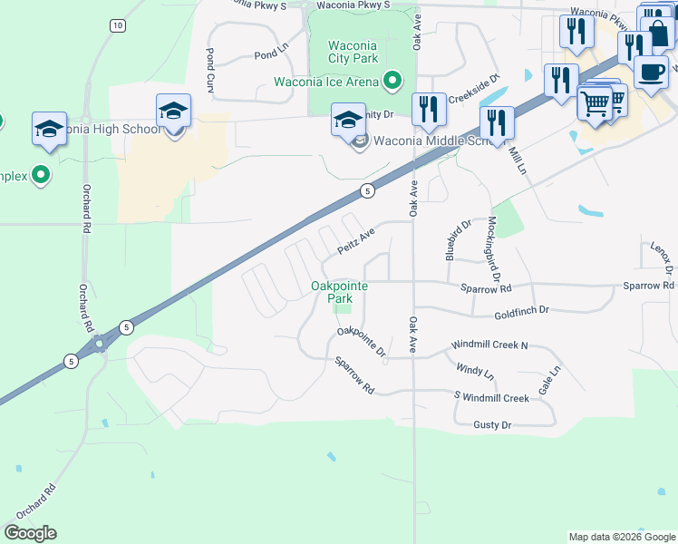map of restaurants, bars, coffee shops, grocery stores, and more near 1486 Spinnaker Road in Waconia