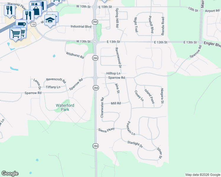 map of restaurants, bars, coffee shops, grocery stores, and more near 121 Alva Street in Waconia