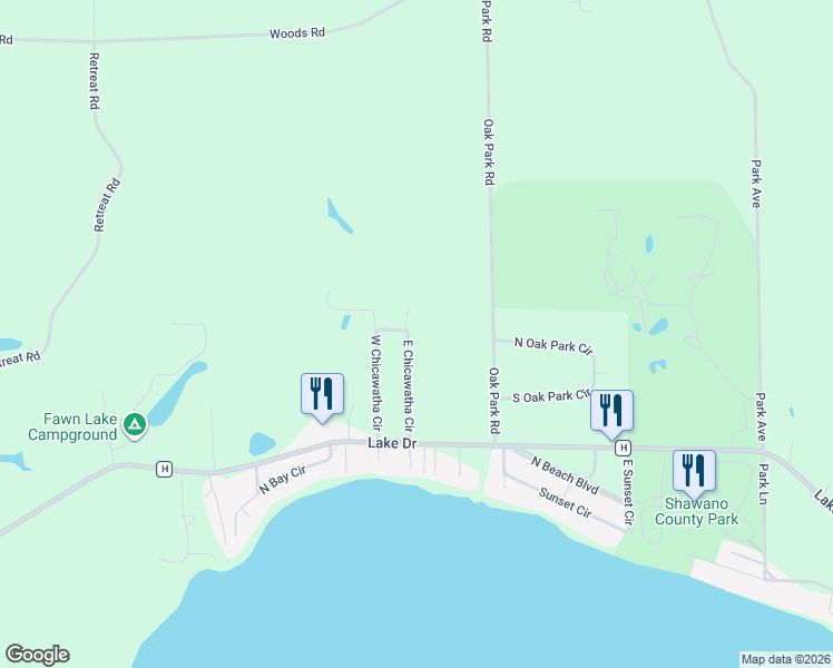 map of restaurants, bars, coffee shops, grocery stores, and more near N6694 East Chicawatha Circle in Shawano