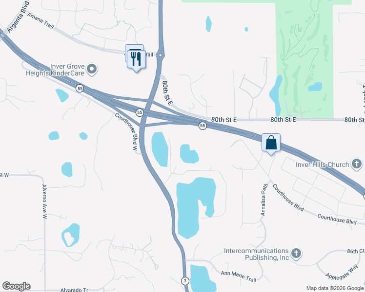 map of restaurants, bars, coffee shops, grocery stores, and more near 8100 Adelbert Avenue East in Inver Grove Heights