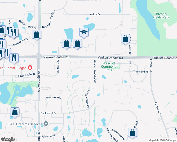 map of restaurants, bars, coffee shops, grocery stores, and more near 1000 Station Trail in Eagan