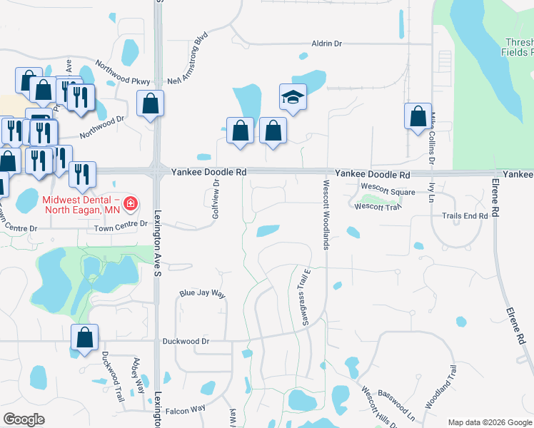 map of restaurants, bars, coffee shops, grocery stores, and more near 1121 Station Trail in Eagan