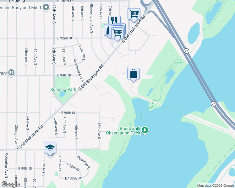 map of restaurants, bars, coffee shops, grocery stores, and more near 9513 Riverview Avenue South in Bloomington