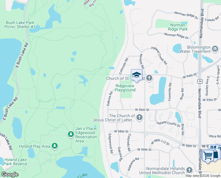 map of restaurants, bars, coffee shops, grocery stores, and more near 9448 Dakota Road in Minneapolis