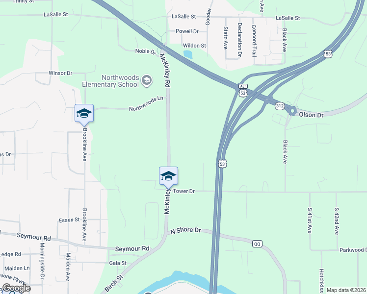 map of restaurants, bars, coffee shops, grocery stores, and more near 1545 McKinley Road in Eau Claire