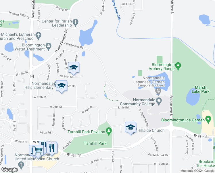 map of restaurants, bars, coffee shops, grocery stores, and more near 9500 Collegeview Road in Minneapolis