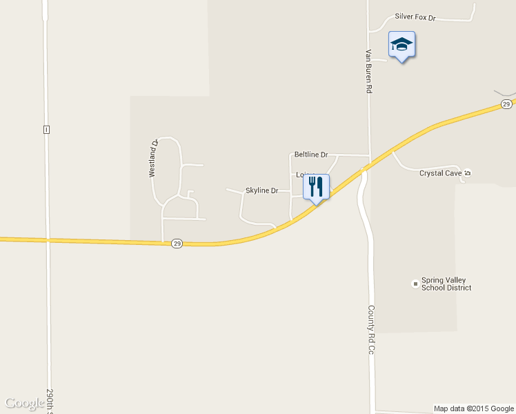 map of restaurants, bars, coffee shops, grocery stores, and more near W1375 Skyline Drive in Spring Valley