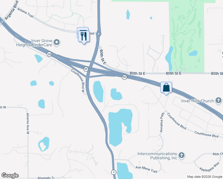 map of restaurants, bars, coffee shops, grocery stores, and more near 8100 Adelbert Avenue East in Inver Grove Heights