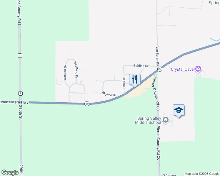 map of restaurants, bars, coffee shops, grocery stores, and more near W1375 Skyline Drive in Spring Valley