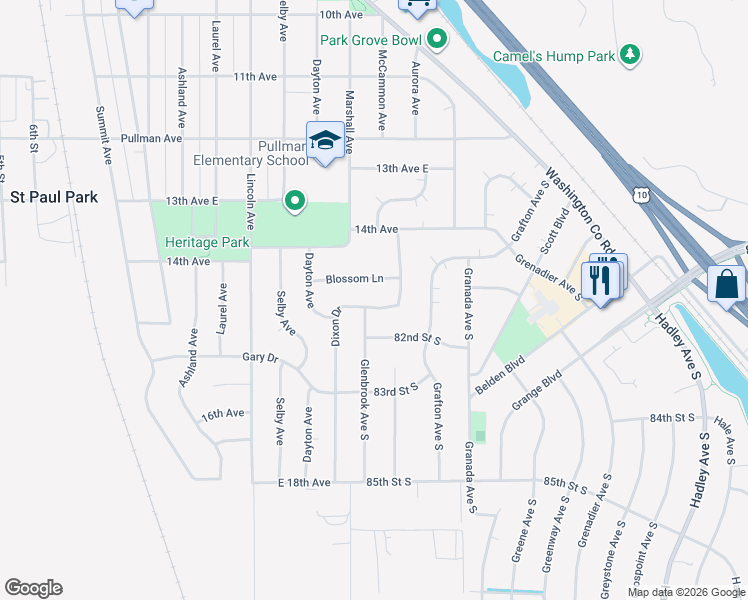 map of restaurants, bars, coffee shops, grocery stores, and more near 1464 Blossom Lane in Saint Paul Park