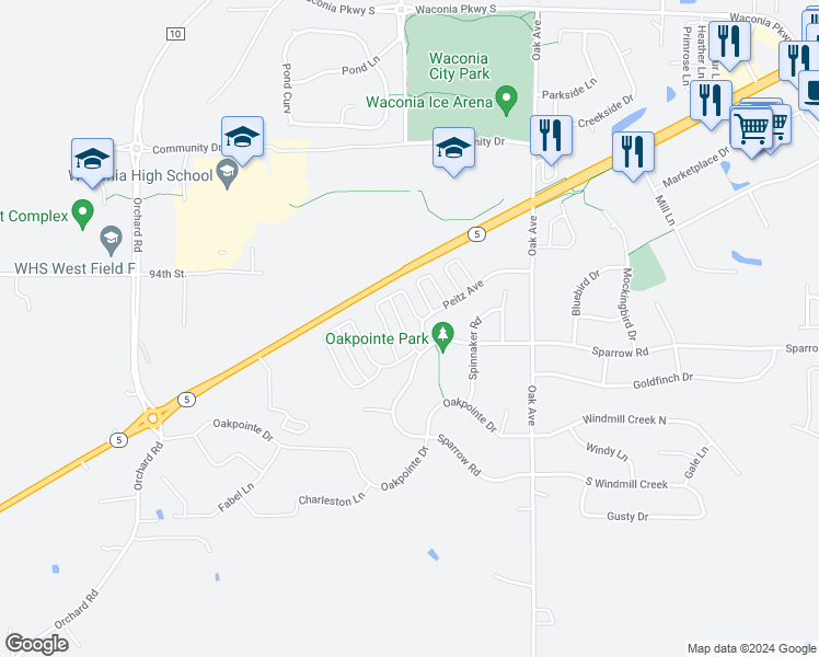map of restaurants, bars, coffee shops, grocery stores, and more near 1561 Serenity Lane in Waconia