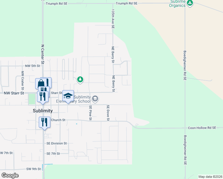 map of restaurants, bars, coffee shops, grocery stores, and more near 240 Northeast Berry Street in Sublimity