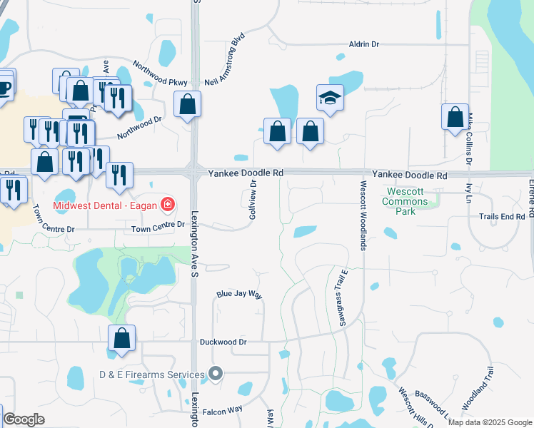 map of restaurants, bars, coffee shops, grocery stores, and more near 3440 Golfview Drive in Saint Paul