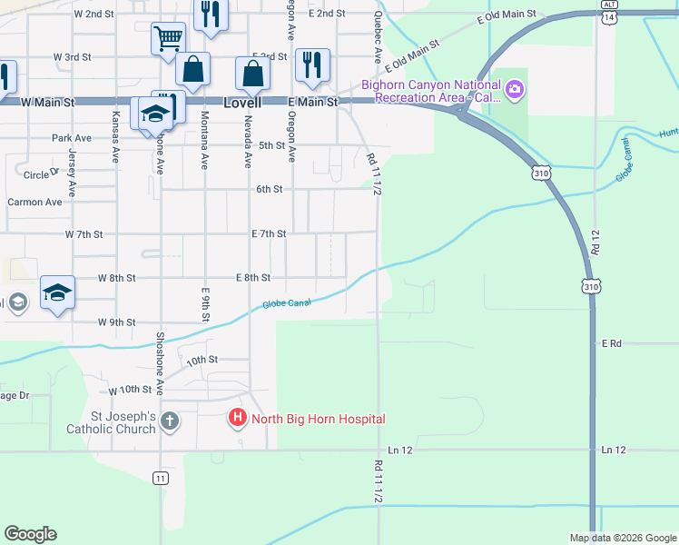 map of restaurants, bars, coffee shops, grocery stores, and more near 770 Garfield Avenue in Lovell
