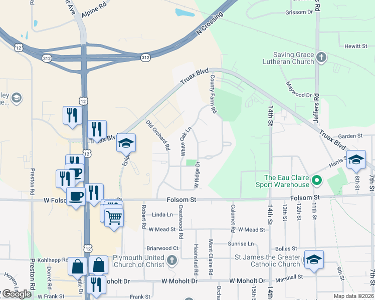 map of restaurants, bars, coffee shops, grocery stores, and more near 3213 White Oak Lane in Eau Claire
