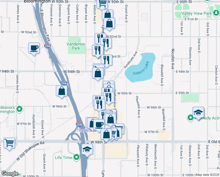 map of restaurants, bars, coffee shops, grocery stores, and more near 9450 Garfield Avenue South in Bloomington