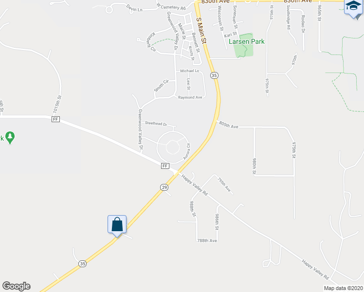 map of restaurants, bars, coffee shops, grocery stores, and more near 2354 Aurora Circle in River Falls