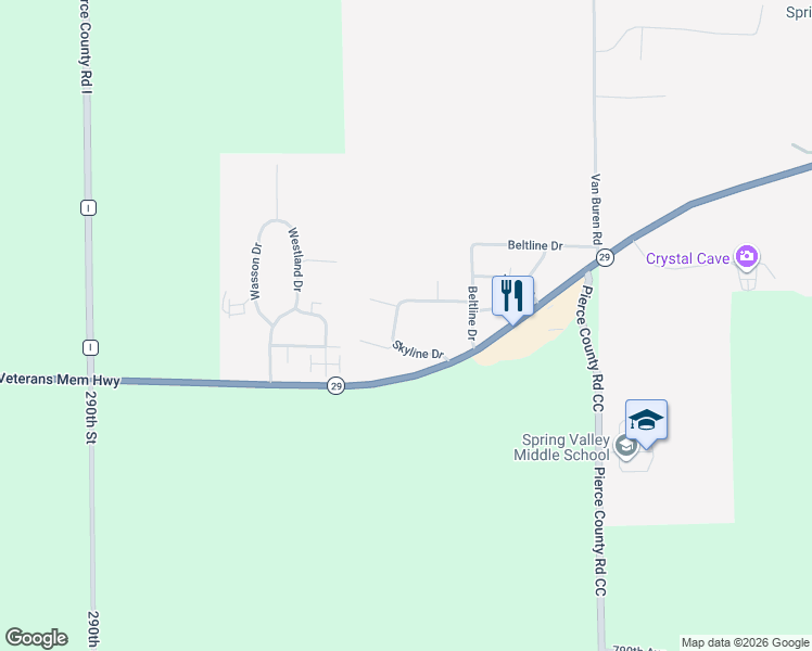 map of restaurants, bars, coffee shops, grocery stores, and more near W1375 Skyline Drive in Spring Valley