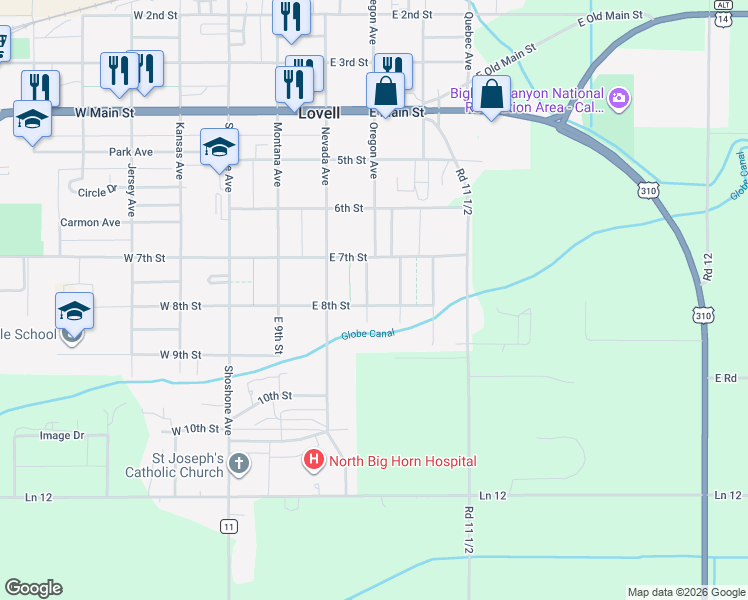 map of restaurants, bars, coffee shops, grocery stores, and more near 783 Washington Avenue in Lovell