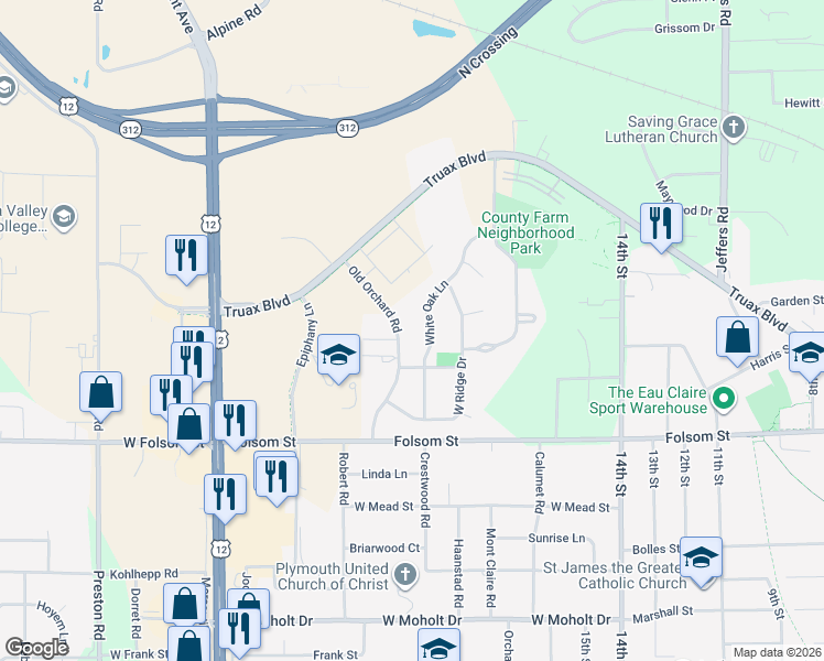 map of restaurants, bars, coffee shops, grocery stores, and more near 3213 White Oak Lane in Eau Claire