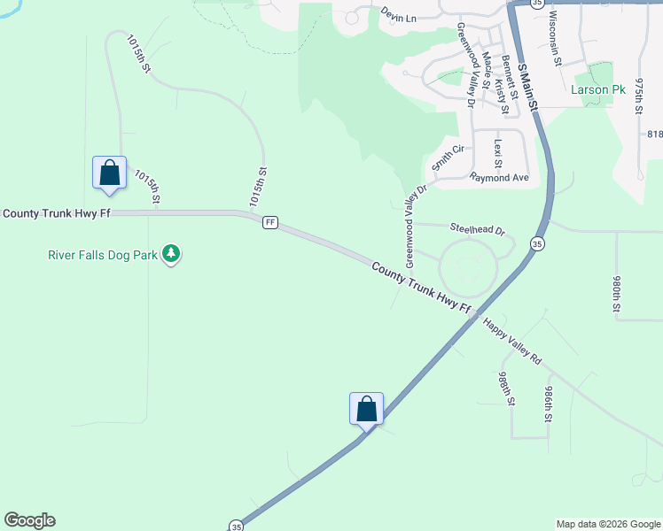 map of restaurants, bars, coffee shops, grocery stores, and more near W9985 County Road FF in River Falls