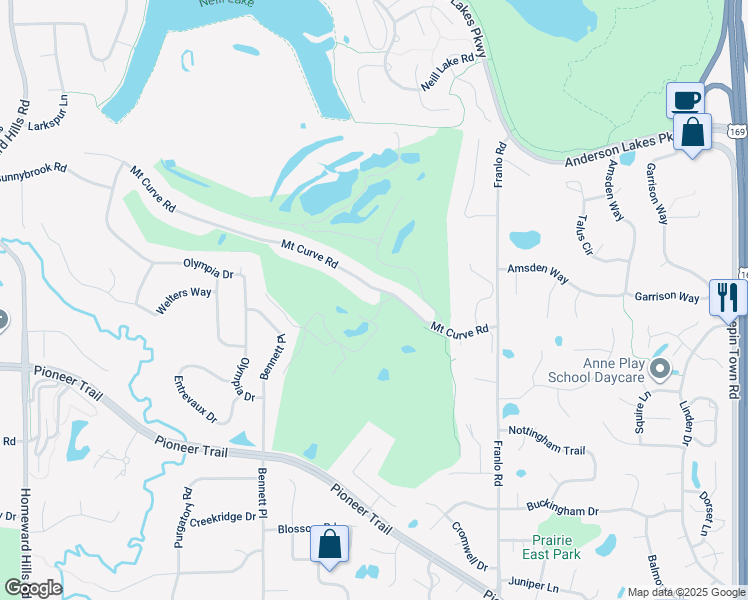 map of restaurants, bars, coffee shops, grocery stores, and more near 10759 Mount Curve Road in Eden Prairie